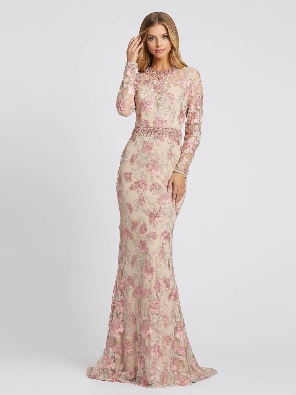 NWT Mac Duggal Long Slv. Floral Embroidery Trumpet Gown Size 10. Style No. 79291